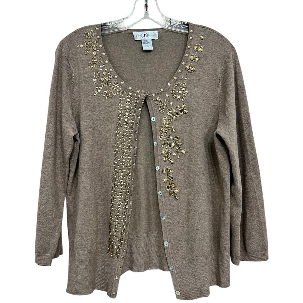 Vtg Y2K Women Lightweight Embellished Cardigan L‎ Taupe Soft Girl Romantic Glam